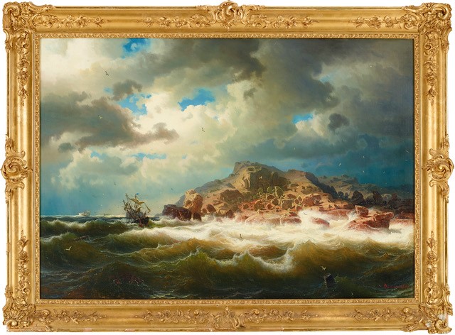 Bild som visar Marcus Larsons Bränningar och skepp vid bohuslänska kusten (1856).Foto: Östergötlands museum